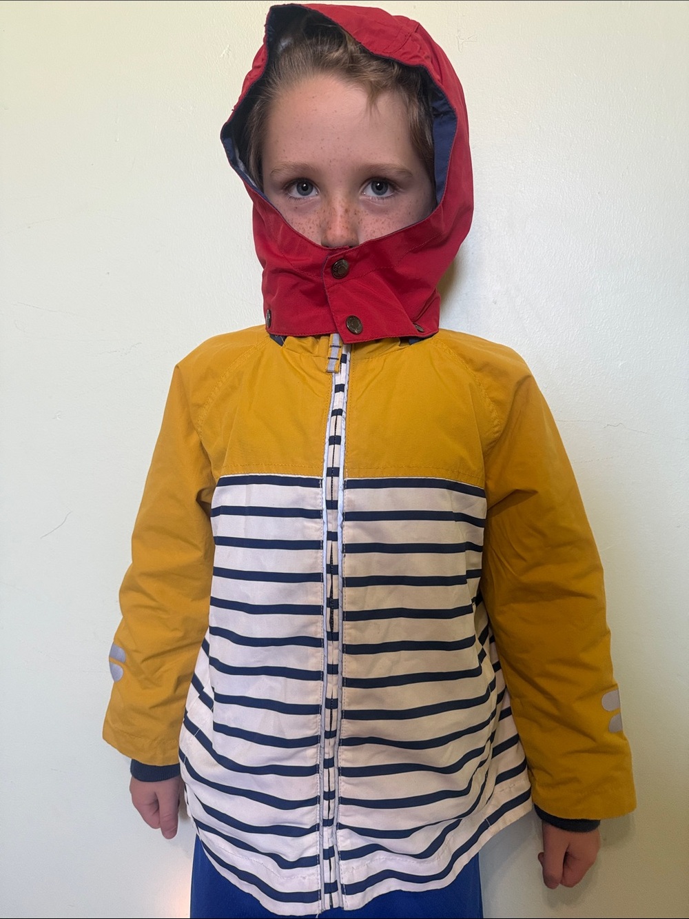 Mini Boden Kids Yellow & Red Striped Rain Jacket